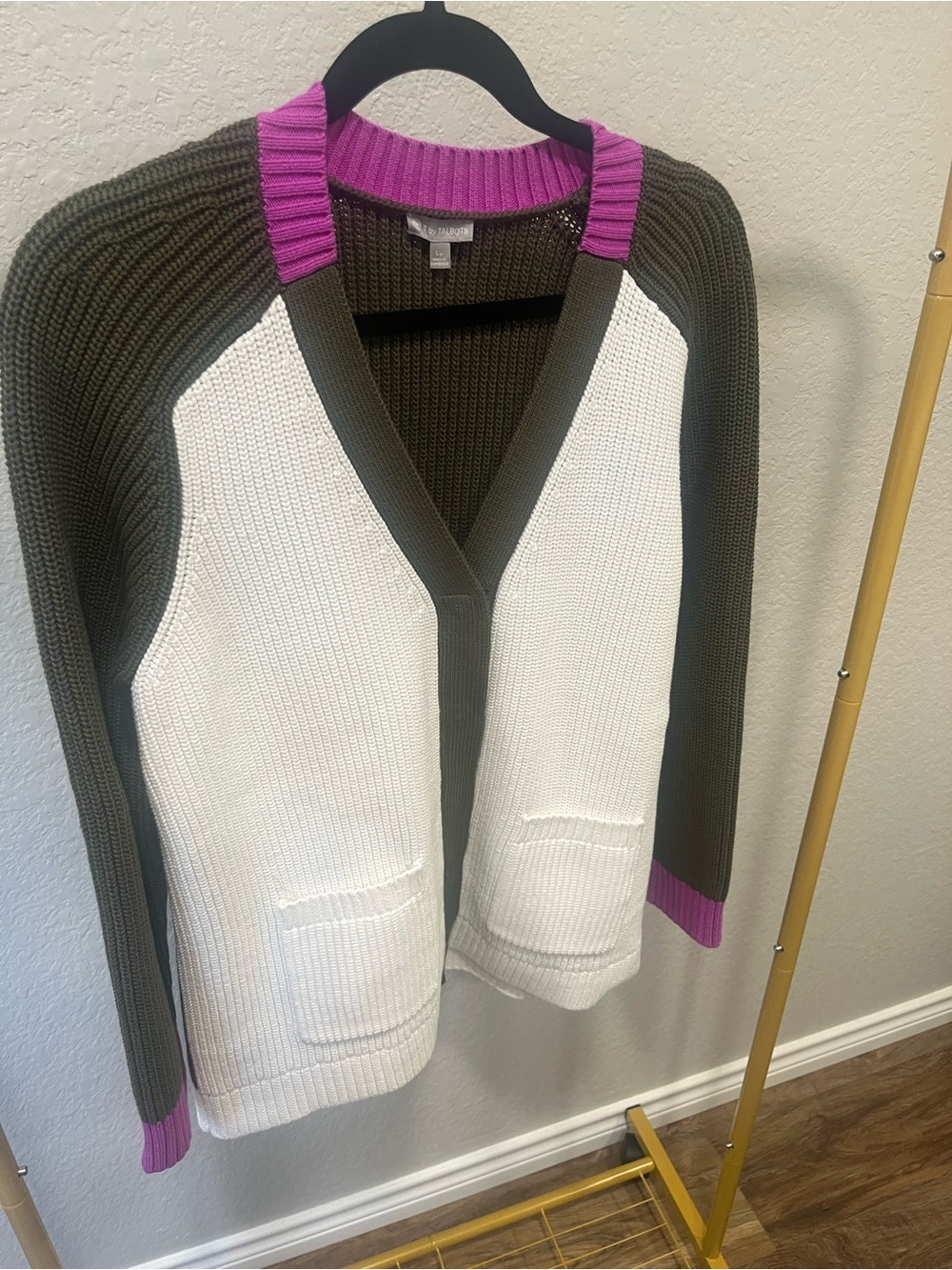 T by Talbots Cardigan Sweater Large Olive White Purple Colorblock Cotton Blend